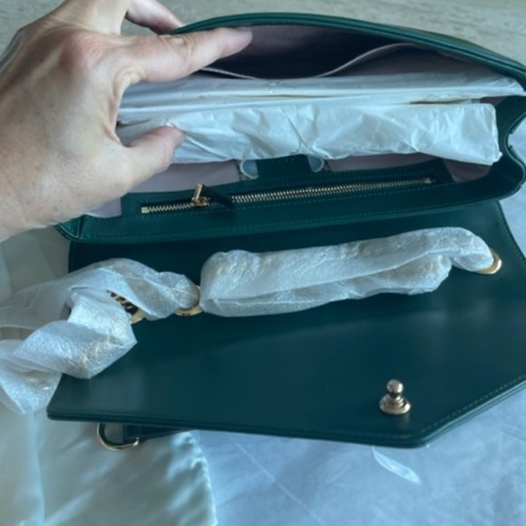 Gucci Rajah Chain Shoulder Bag Leather Medium Gold Dark Green Handbag Vitello NW - Picture 16 of 16